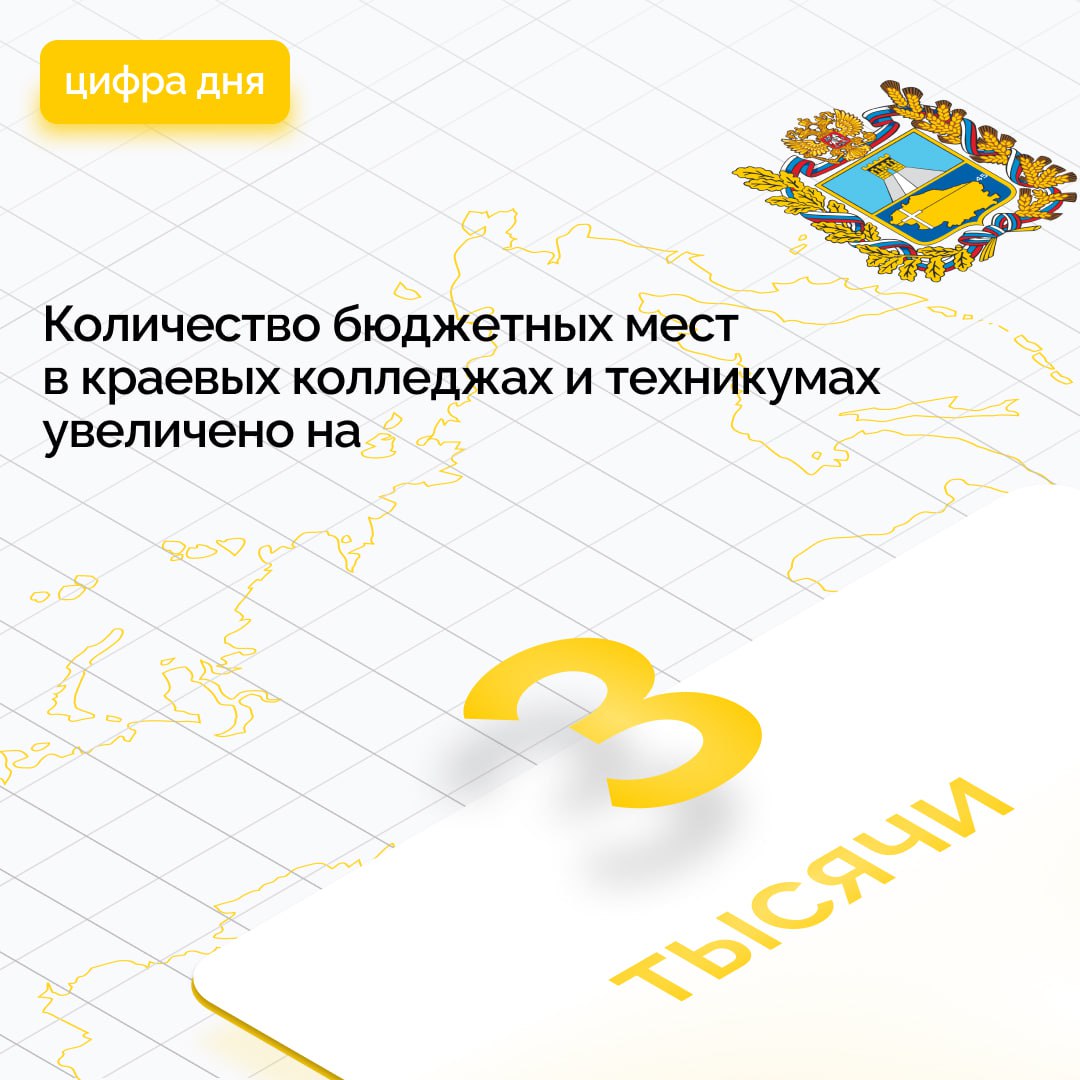 ‍ ‍  По поручению главы региона в 2025 году на 3 тысячи увеличено количество бюджетных мест в средних профессиональных учебных заведениях края  В числе наиболее востребованных специальностей, где появились дополнительные бюджетные квоты: строительство, компьютерные технологии, машиностроение, энергетика, химические технологии, транспорт, связь, здравоохранение, сельское хозяйство, туризм и образование.   На 665 мест выросли цифры приема на программы «Профессионалитета» среднего профессионального образования.  «Существенный рост продиктован необходимостью насытить региональный рынок труда квалифицированными кадрами и специалистами. А также дать возможность получить желаемую профессию нашим ставропольским ребятам. Решение по каждой специальности мы принимали, исходя из анализа востребованности на рынке труда», — прокомментировал Владимир Владимиров.  С начала следующего учебного года общее число бюджетных мест в колледжах и техникумах приблизится к 14 тысячам.