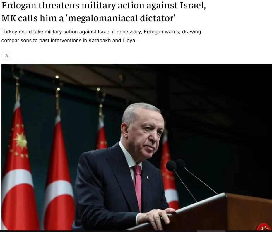 Эрдоган пригрозил Израилю войной сообщает The Jerusalem Post Несмотря на прекращение огня Израиль вынудил 1 2 миллиона ливанцев покинуть свои дома из за нападений на гражданские поселения Мы должны быть сильными чтобы помешать Израилю сделать это с Палестиной Так же как мы вошли в Ливию и Карабах мы можем войти в Израиль Ничто не мешает нам это сделать заявил президент Турции В ответ на это министр по делам культурного наследия Израиля Амихай Элияху назвал Эрдогана мегаломанским диктатором с империалистическими амбициями который видит себя османским султаном будучи не более чем жалким тираном страны с разрушающейся экономикой и мертвой демократией Сайт Страна YouTube Прислать новость фото видео Реклама на канале
