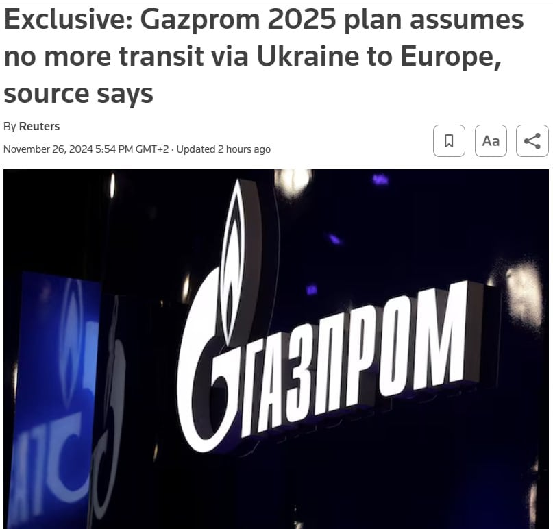 «Газпром» не планирует поставлять газ в Европу транзитом через Украину, сообщает Reuters со ссылкой на внутренний план «Газпрома» на 2025 год.  Однако, уточнил собеседник агентства, этот план еще не одобрен высшим руководством.  По словам анонимного источника, «Газпром» ожидает, что экспорт газа в «дальнее зарубежье» в 2025 году сократится до 39 млрд куб. м из-за прекращения транзита через Украину.   Под термином «дальнее зарубежье», как пишет агентство, в «Газпроме» обычно подразумеваются европейские страны и Турция. Однако поставки газа в Турцию вряд ли сократятся, пишет Reuters.  Сайт "Страна"   X/Twitter   Прислать новость/фото/видео   Реклама на канале   Помощь