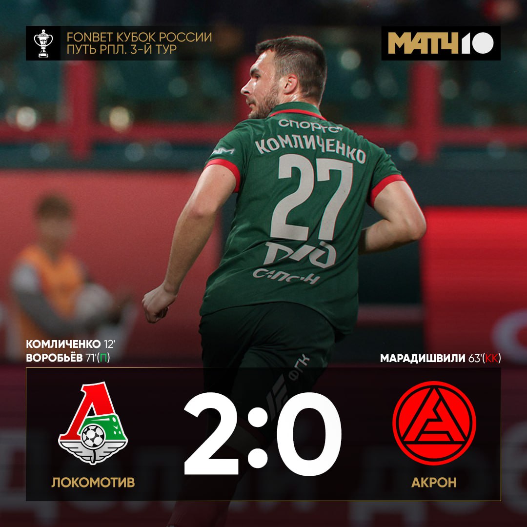 Локомотив победил Акрон Команда набрала шесть очков в FONBET Кубке России Комличенко забил пяткой Воробьев заработал пенальти и реализовал точку Обзор встречи news matchtv