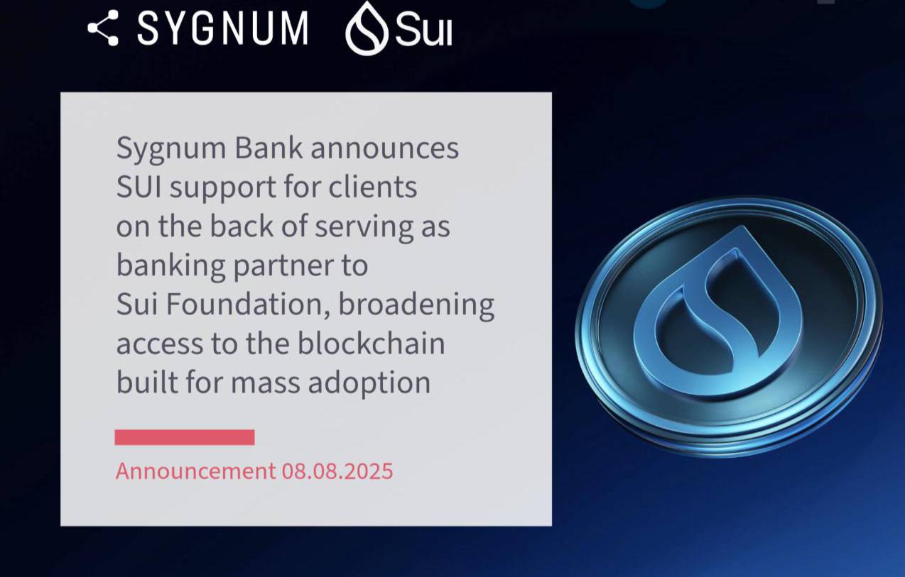 Институционалам открыли доступ к SUI через Sygnum Bank.   Швейцарский Sygnum Bank стал первым банком страны, полностью интегрировавшим токен SUI в свою регулируемую платформу.   Хранение, спототовая и деривативная торговля SUI уже доступны.   Скоро добавят стейкинг и кредиты под залог SUI.   Доступ получают профессиональные и институциональные инвесторы, включая банки и крупные финорганизации.