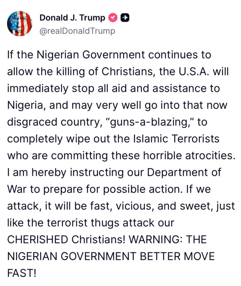 Если в Нигерии не прекратятся убийства христиан США могут войти в эту опозоренную страну с оружием в руках заявил Дональд Трамп Глава Белого дома сообщил что поручил Пентагону подготовиться к возможным действиям Если мы нападем это будет быстро жестоко и беспощадно точно так же как террористы головорезы нападают на наших дорогих христиан Предупреждение нигерийскому правительству лучше действовать быстро написал господин Трамп в соцсети Truth Social Подписывайтесь на Ъ Оставляйте бусты