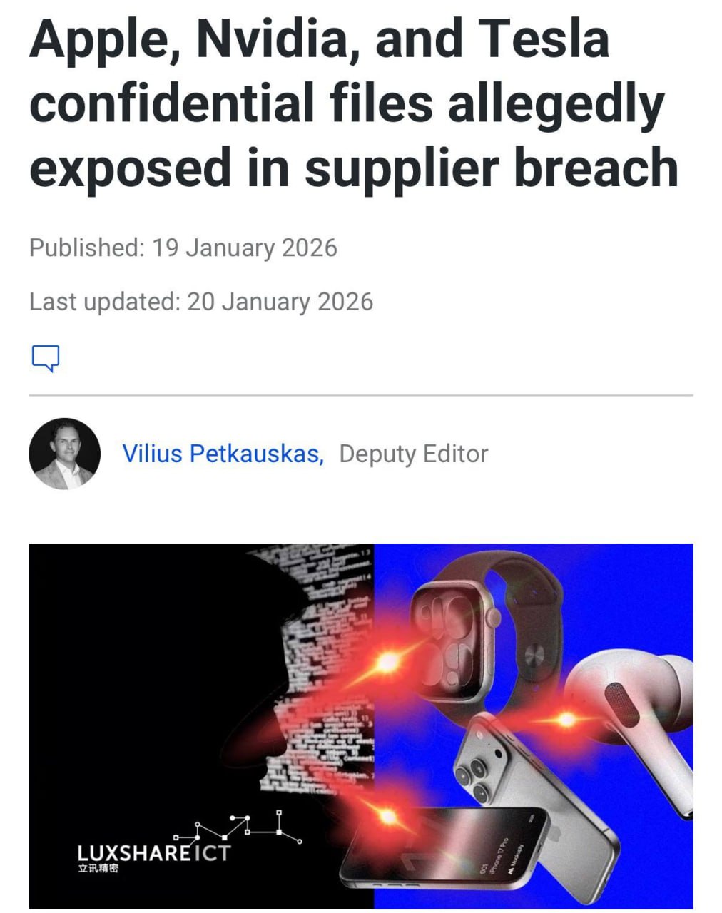 Утечка у партнёра Nvidia и Apple раскрыла будущие устройства компаний Китайская Luxshare один из ключевых подрядчиков Nvidia и Apple стала жертвой атаки вымогателей из группировки RansomHub Хакеры заявляют что похитили свыше 1 ТБ внутренних данных среди них 3D модели инженерные чертежи и служебные файлы а также персональные документы сотрудников По их словам в архивах есть материалы за период с 2019 года по конец 2025 го включая проекты устройств которые ещё не были анонсированы и даже формально не представлены партнёрами компании Злоумышленники требуют выкуп и угрожают выложить весь массив информации в открытый доступ если условия не будут выполнены что может привести к раннему раскрытию будущих продуктов и деталей их конструкции