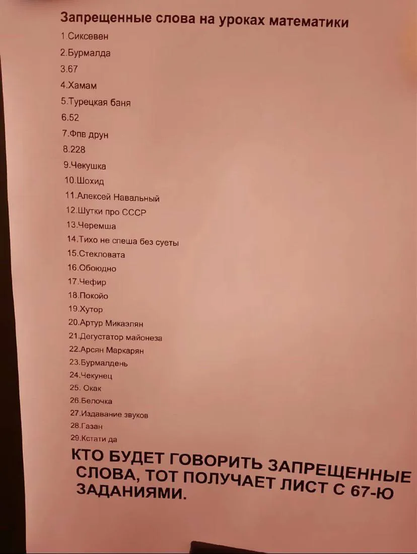 Сикс севен бурмалда окак и другие мемные фразы начали запрещать в российских школах В одной из школ учитель математики вывесила целый список стоп слов которые нельзя произносить на уроке За любое слово школьнику грозит 67 задач