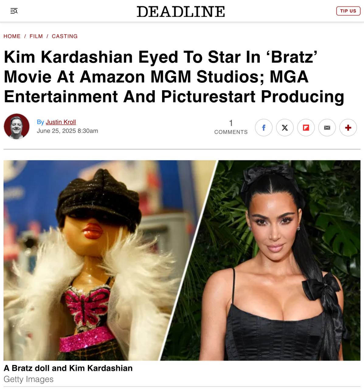 Ким Кардашьян спродюсирует фильм о куклах Bratz и сыграет в нем злодейку Студия Amazon MGM выиграла тендер на экранизацию истории о знаменитых куклах. Над сценарием уже работают Чарли Полинджер и Люси Маккендрик. Источники Deadline также сообщают, что Кардашьян может сыграть в будущей картине злодейку. После успеха фильма «Барби» в 2023 году кинокомпании начали активно искать другие культовые игрушечные бренды, способные повторить этот триумф. Бренд Bratz идеально соответствует этим критериям и обладает всеми шансами на глобальный кинематографический успех