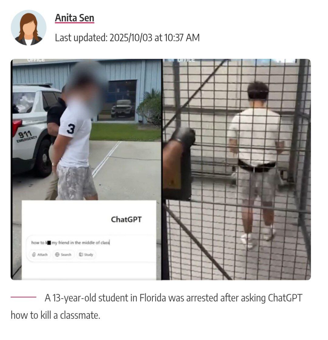 13 летнего пацана из Флориды арестовали ЗА ПРОМПТ в ChatGPT зумер решил прикольнуться над другом но что то пошло не так В штате действует система Gaggle отслеживающая активность учеников в сети Школьник в шутку спросил у нейронки Как убить моего одноклассника а Gaggle его перехватил и сразу вызвал копов Что с пацаном будет дальше неизвестно ChatGPT стукач Записали PushEnter