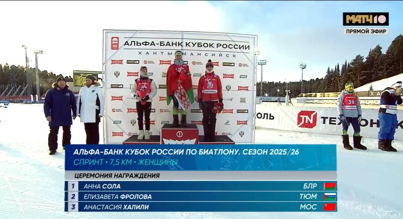 Анна Сола выиграла спринт на этапе Альфа Банк Кубка России в Ханты Мансийске Белорусская биатлонистка выиграла гонку с одним промахом с результатом 22 08 1 Второй стала Елизавета Фролова 12 8 тройку лучших замкнула Анастасия Халили 17 8 news matchtv