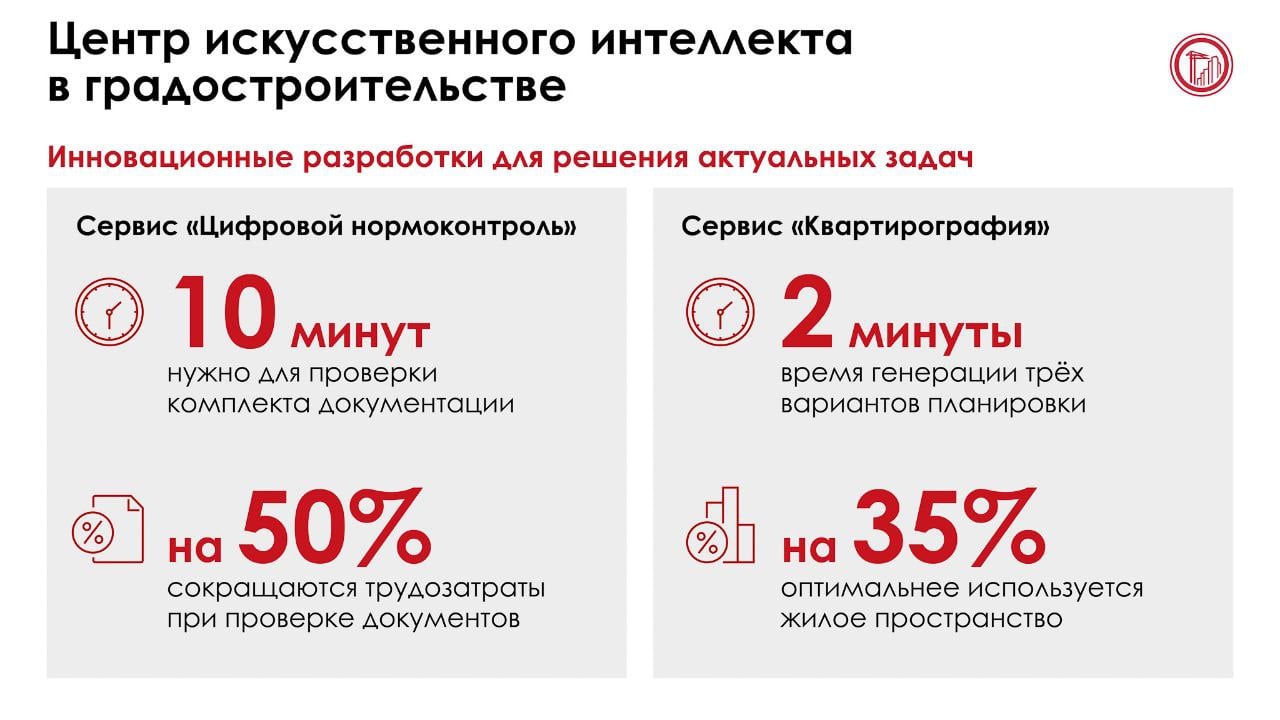 В Москве работает Центр искусственного интеллекта в градостроительстве     Он занимается изучением потребностей всех участников строительного процесса и горожан, разрабатывает и внедряет инновационные решения для различных задач этой сферы.   Уже запущены такие сервисы:      Аналитика градостроительного плана земельного участка — ИИ извлекает и структурирует данные для анализа и прогнозирования;     Квартирография — автоматическая разработка планировочных решений по Программе реновации;      Цифровой нормоконтроль — проверка оформления проектной и рабочей документации;      Калькулятор процедур в сфере строительства — онлайн-планирование жизненного цикла проекта, где ИИ помогает свериться с актуальной нормативно-правовой базой.   Также в работе другие инновационные решения: мониторинг хода строительства, поиск коллизий в BIM-моделях, планирование застройки и развитие городских территорий на базе эволюционных вычислений.