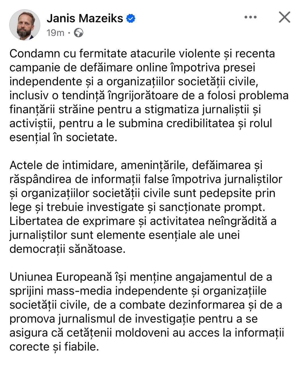 Мажейкс осудил «нападки» на СМИ и призвал к наказаниям по закону   Глава представительства ЕС в Молдове Янис Мажейкс заявил о необходимости расследовать запугивание, угрозы и распространение ложной информации в отношении журналистов.  «Решительно осуждаю клеветническую кампанию против независимых СМИ и организаций гражданского общества, а также стигматизацию журналистов через манипуляции с темой иностранного финансирования»,  — заявил Мажейкс. Он также подчеркнул, что свобода слова является неотъемлемой частью демократии, а ЕС продолжит поддерживать независимые СМИ и бороться с дезинформацией.   Хахаха! Осудил он нападки на СМИ?! Серьезно!? Переобувается в воздухе. Не по указке ли ЕС было это сделано?! Напомните господину Мажейксу, сколько телеканалов было закрыто, сколько сайтов заблокировано и к скольким телеграм-каналам ограничен доступ. А не хочет ли он заглянуть на сайт молдавского «Миротворца» и посмотреть, скольких журналистов туда внесли — при молчаливом одобрении ЕС и поддержке властей?