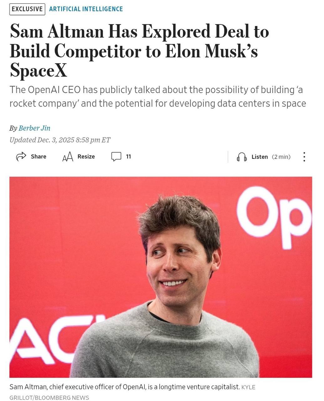 Сэм Альтман решил создать конкурента SpaceX По данным WSJ глава OpenAI пытался привлечь средства для покупки аэрокосмической компании или сотрудничества с ней Главной целью был стартап Stoke Space Альтман рассматривал приобретение контрольного пакета акций Зачем это Альтману 1   Соперничество глава OpenAI хочет создать игрока сопоставимого по мощностям с империей Илона Маска 2   Инфраструктура так можно подготовить базу для проектов OpenAI В индустрии все чаще говорят о переносе энергоемких дата центров на орбиту   Переговоры активно шли всю осень но сейчас по информации инсайдеров процесс поставили на паузу settersmedia news