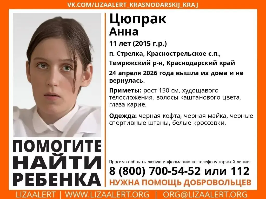 После пропажи 11 летней девочки в Темрюкском районе возбудили уголовное дело Известно что Аня Цюпрак исчезла после прогулки с подругами Уголовное дело возбудили по статье 105 УК РФ Убийство Глава СК РФ Александр Бастрыкин затребовал доклад о расследовании Ребёнка продолжают искать почти 600 волонтёров   Быть в курсе Мы в MAX
