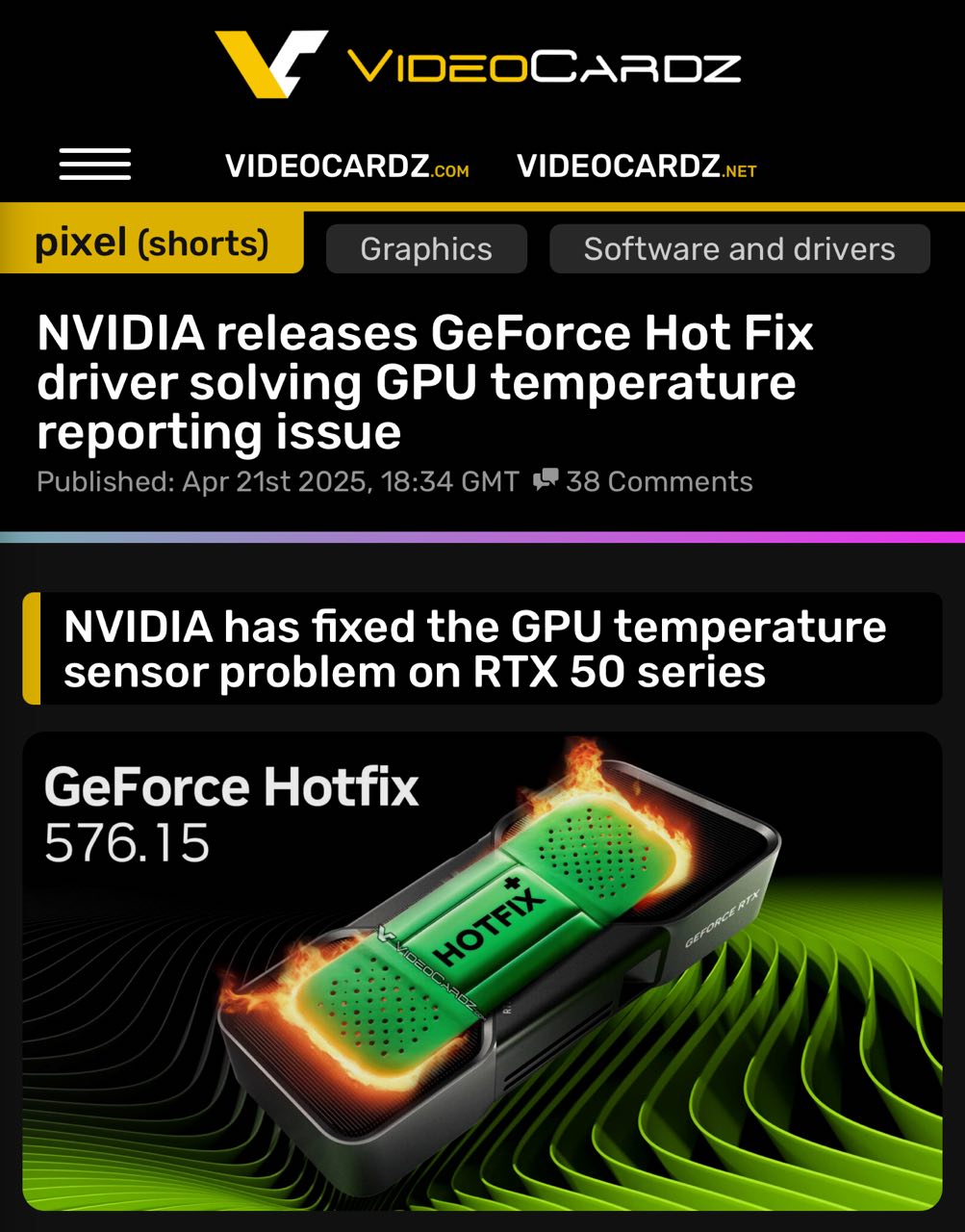 СРОЧНО обновите драйверы NVIDIA — прошлый апдейт может СПАЛИТЬ вашу видеокарту. NVIDIA выпустила экстренный хотфикс 576.15, который устраняет критическую ошибку: после выхода из сна GPU может неправильно отображать температуру. Как итог — вентиляторы вообще не включались и карточка плавилась. Обновляемся — здесь.