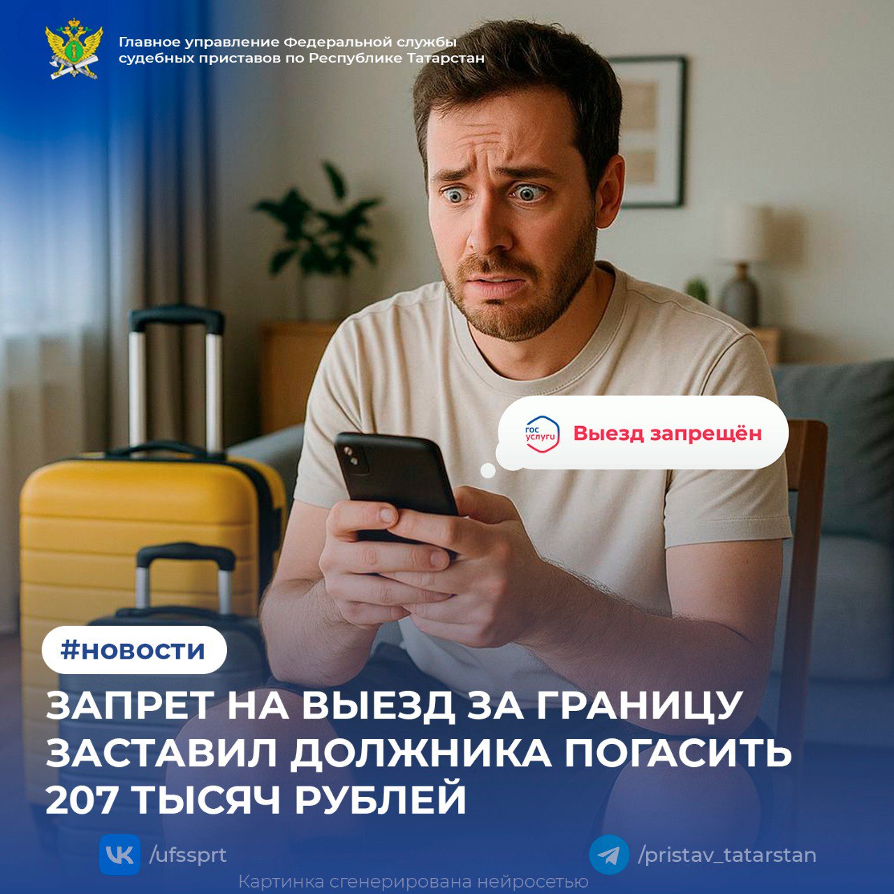  В Новошешминском районе житель, имеющий задолженность перед банком, столкнулся с запретом на выезд за границу. Несмотря на ежемесячные удержания 50% от зарплаты, мужчина не погасил долг полностью. Ограничение на выезд он обнаружил в «Госуслугах», когда готовился к зарубежной поездке. Чтобы не потерять купленные авиабилеты и отпуск, он срочно погасил 180 000 рублей основного долга и 27 000 рублей исполнительского сбора. «Этот случай подтверждает эффективность ограничительных мер, — отметила врио начальника отделения судебных приставов по Новошешминскому и Черемшанскому районам Наталья Шолгина. — Как только долг был погашен, запрет сняли». После поступления денег исполнительное производство прекращено, а ограничение на выезд — отменено. Важно: Судебные приставы применяют меры принудительного исполнения, включая запрет на выезд, для защиты прав взыскателей. Единственный способ снять ограничения — погасить долг в полном объеме. 1 2 3 4 5 6 7