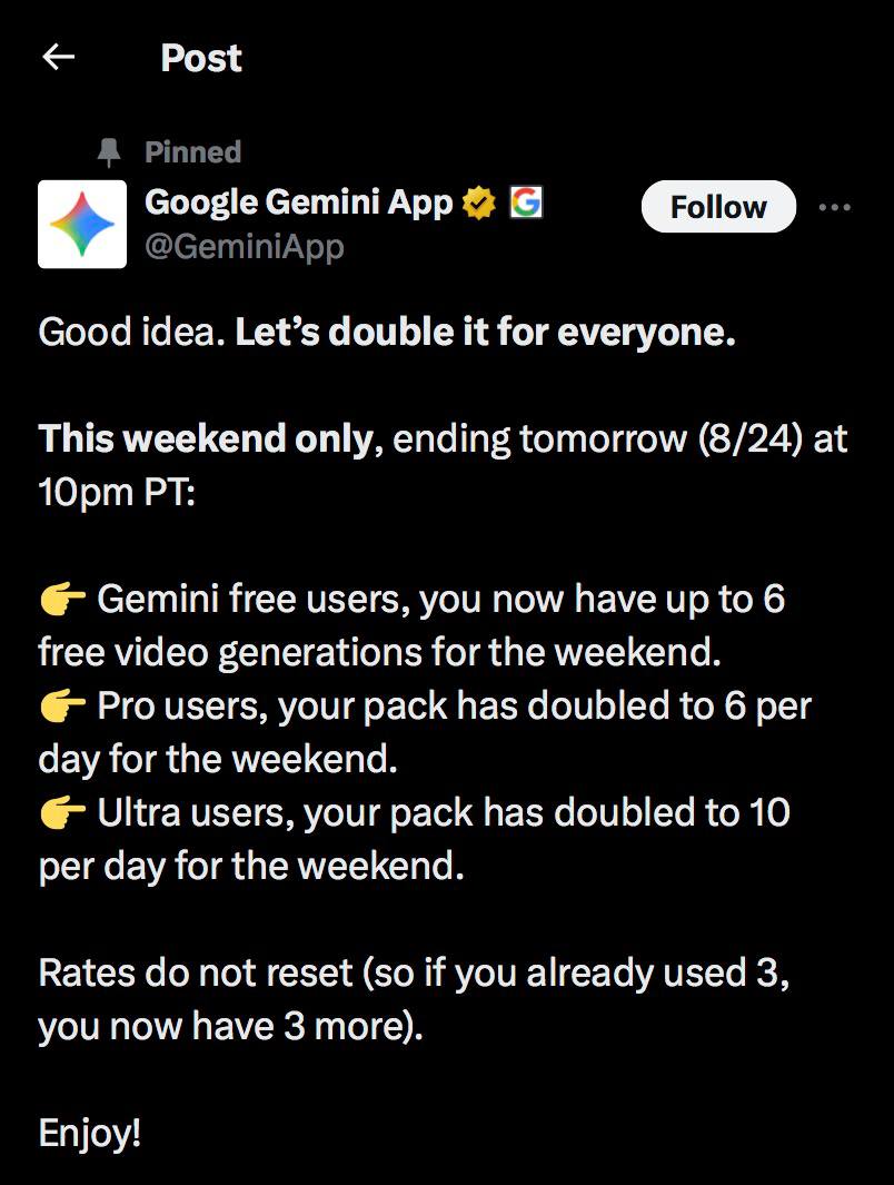 Халява усилилась Google удвоили лимиты Veo 3 на 24 часа Free 6 видео вместо 3 Pro 6 в день вместо 3 Ultra лимиты тоже x2 Не пропускаем такую возможность Service Подписаться