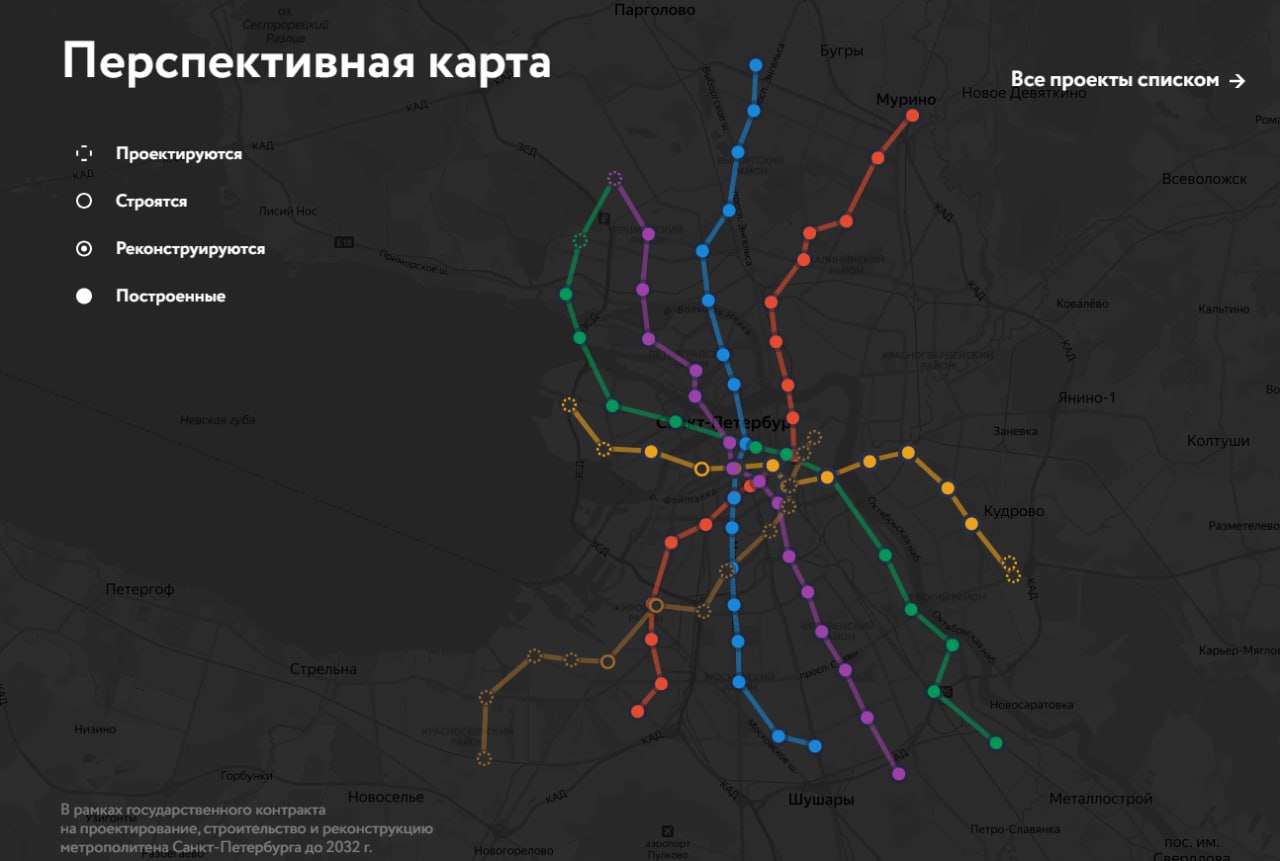 Метростроителей Петербурга загружают проектами "на несколько лет вперёд"  АО "Метрострой Северной столицы"  МССС  заключило первые договоры со своей проектной "дочкой" ООО "МетроПроект", созданной 27 января для ускорения строительства петербургской подземки.  Первые контракты касаются рабочей документации по продолжению Невско-Василеостровской  зелёной  линии на северо-западе Петербурга, а также включают работы по подготовке необходимой проектной и рабочей документации для строительства Красносельско-Калининской  коричневой  линии в сторону станции "Суворовская", отметили в пресс-службе МССС.