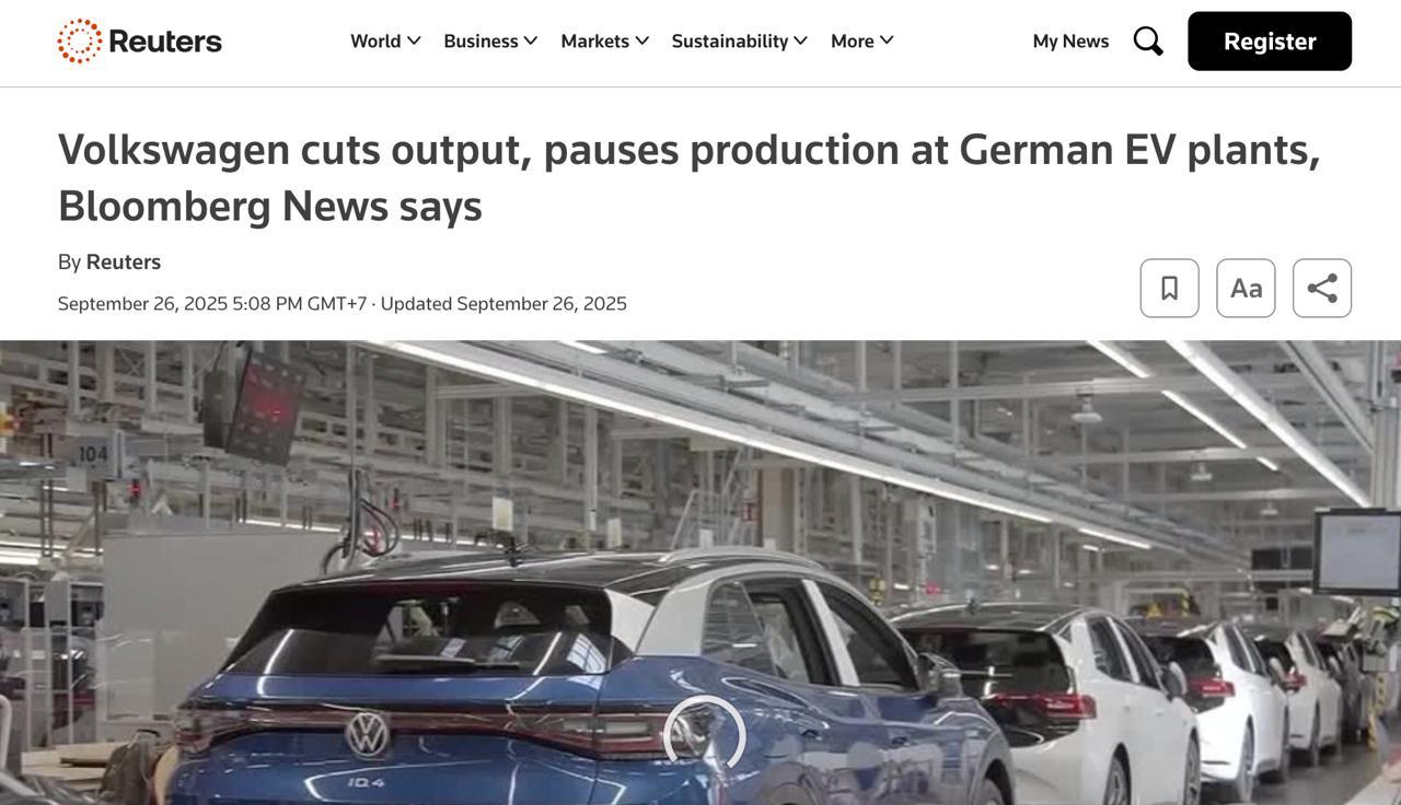 Volkswagen приостановил работу двух заводов в Германии на фоне падения спроса и убытков Так завод Volkswagen в Цвиккау остановит производство на неделю с 6 октября из за слабого спроса на Audi Q4 Также свою деятельность на несколько дней приостановит завод в Эмдене Также компания Volkswagen заявила что понесет убытки в размере 6 млрд из за задержки выпуска электромобилей у Porsche Reuters finlock