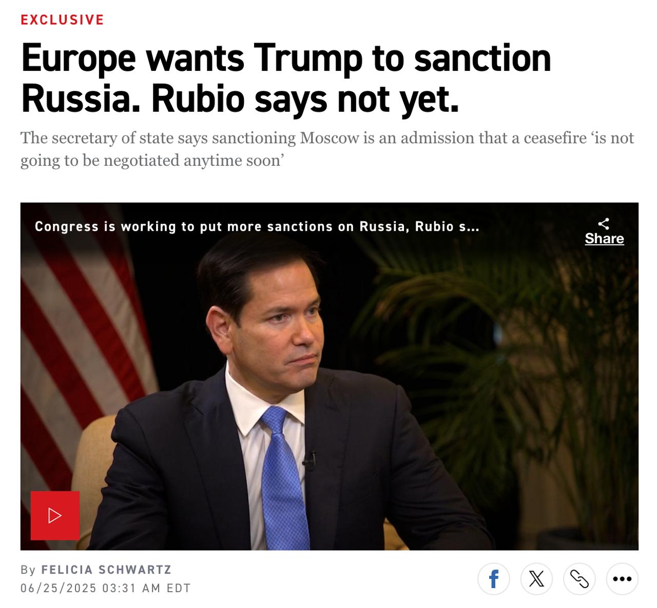 Новое заявление администрации Трампа, что они не хотят вводить новые санкции против РФ, чтобы сохранить возможность переговоров по Украине. «Если бы мы сделали то, чего здесь все хотят, — пришли и раздавили их новыми санкциями, — мы, вероятно, потеряли бы возможность говорить с ними о перемирии. А тогда кто будет с ними говорить», - заявил госсекретарь Рубио в интервью Politico. Ранее Москва заявляла, что диалог с США по двухсторонним вопросам приостановлен по инициативе Вашингтона. НАШИ РЕСУРСЫ: Telegram Tik-tok YouTube RUTUBE