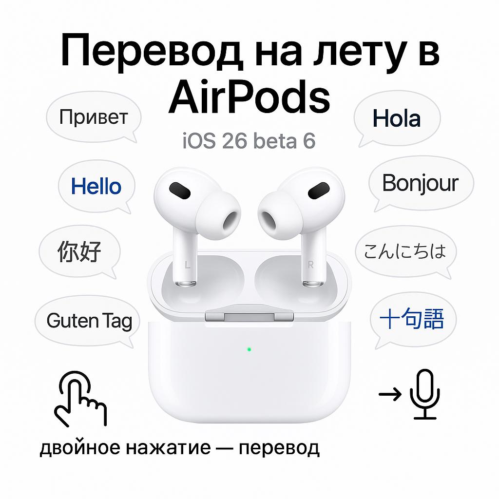 AirPods научатся переводить на лету Представь: ты разговариваешь с иностранцем, он — на своём, ты — на своём… а AirPods всё это тут же переводят. В iOS 26 beta 6 нашли функцию реального перевода разговоров прямо в наушниках. На картинках — AirPods с надписью Hello на разных языках и подсказка: двойное нажатие запускает перевод. Ранее Марк Гурман намекал на такую фишку, а теперь похоже — это не слухи. Ждём в первой релизной версии iOS 26. А у Xiaomi Buds 5 Pro, кстати, такая функция для Китая уже давно есть. Но ведь мы знаем… делает так, что пользоваться этим реально хочется. Служба заботы iBig Проверить баллы UDS Самый лучший ремонт