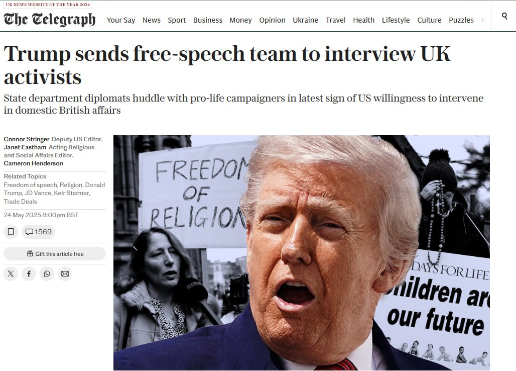 Газета The Telegraph обвинила администрацию Трампа в намерении вмешаться во внутренние дела Великобритании. По ее данным, американские чиновники тайно встретились с британскими активистами, выступающими против абортов, объясняя это «из опасений за их свободу слова».
