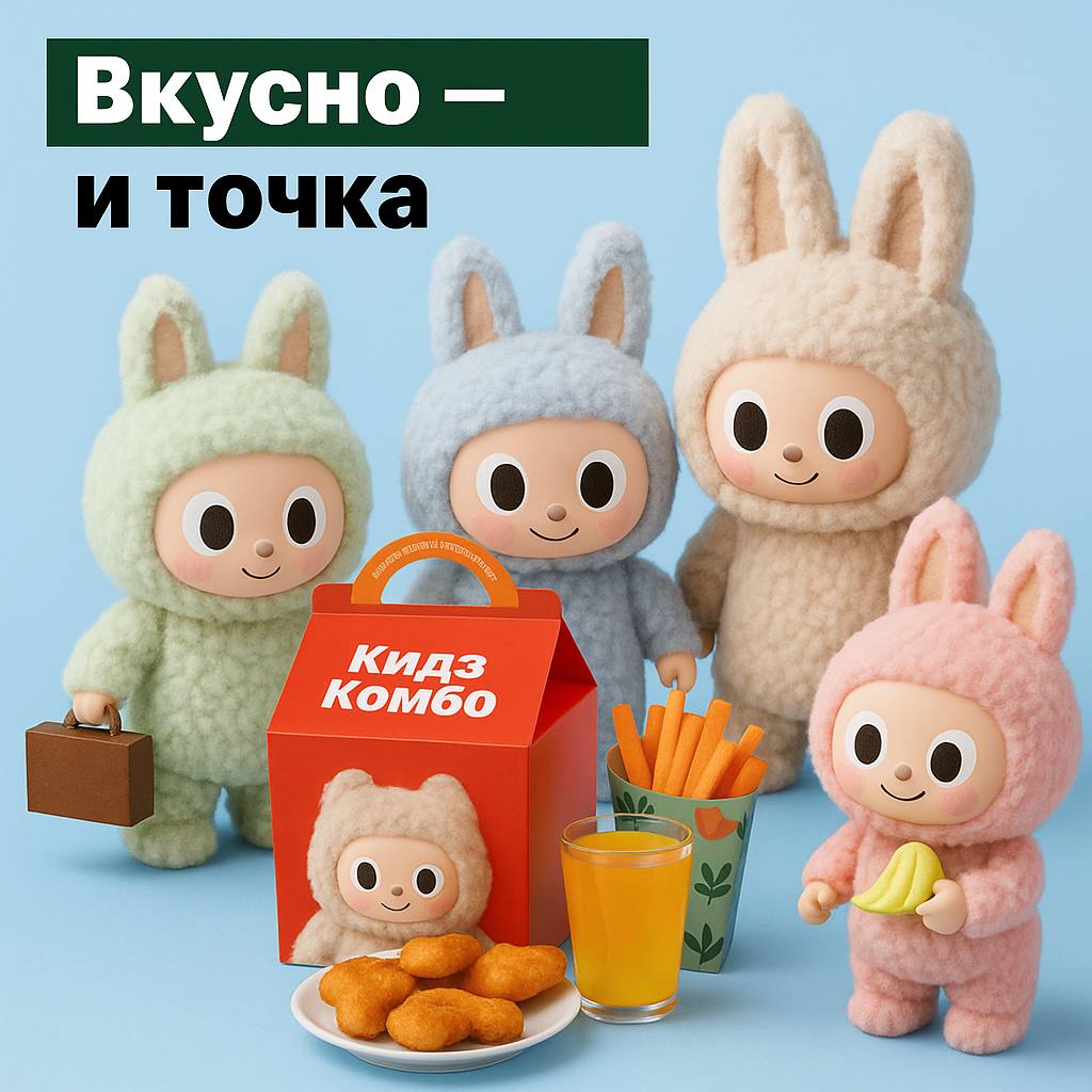 Сеть ресторанов "Вкусно — и точка" анонсировала скорый выпуск нового детского меню "Кидз Комбо" с игрушками Лабубу. Это произойдет после того, как закончится акция с игрушками Смешарики.
