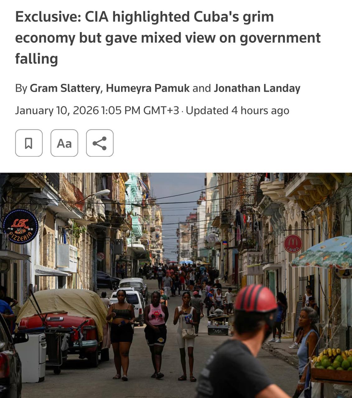 По информации Reuters ЦРУ охарактеризовало экономическую ситуацию на Кубе как крайне сложную и последствия для правительства остаются неопределёнными Агентство указало на существенные трудности в экономике Кубы вызванные перебоями в электроснабжении санкциями и уменьшением поддержки со стороны Венесуэлы Однако разведывательное сообщество пока не пришло к окончательным выводам о том приведёт ли это к падению власти