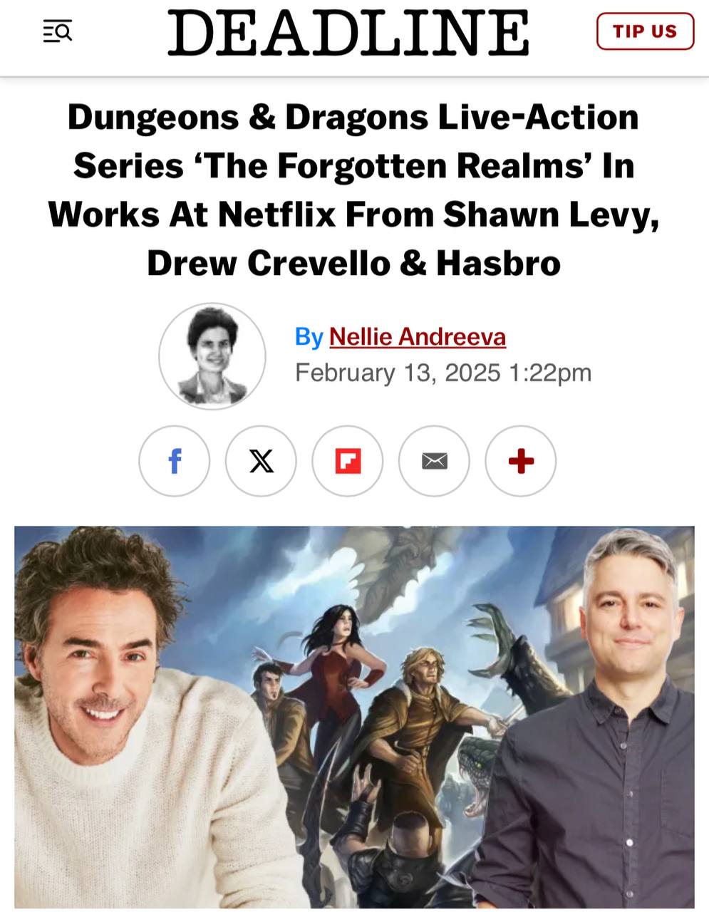 По Dungeons & Dragons выйдет СЕРИАЛ с живыми актерам, но есть и минусы — над проектом работает Netflix.  Продюсером проекта назначен Шон Леви  «Дэдпул и Росомаха» . Сценаристом и шоураннером является Дрю Кревелло  «Не сработало» .   Актёрский состав пока не назван, как и дата премьеры шоу. Но фанаты уже запасаются корвалолом