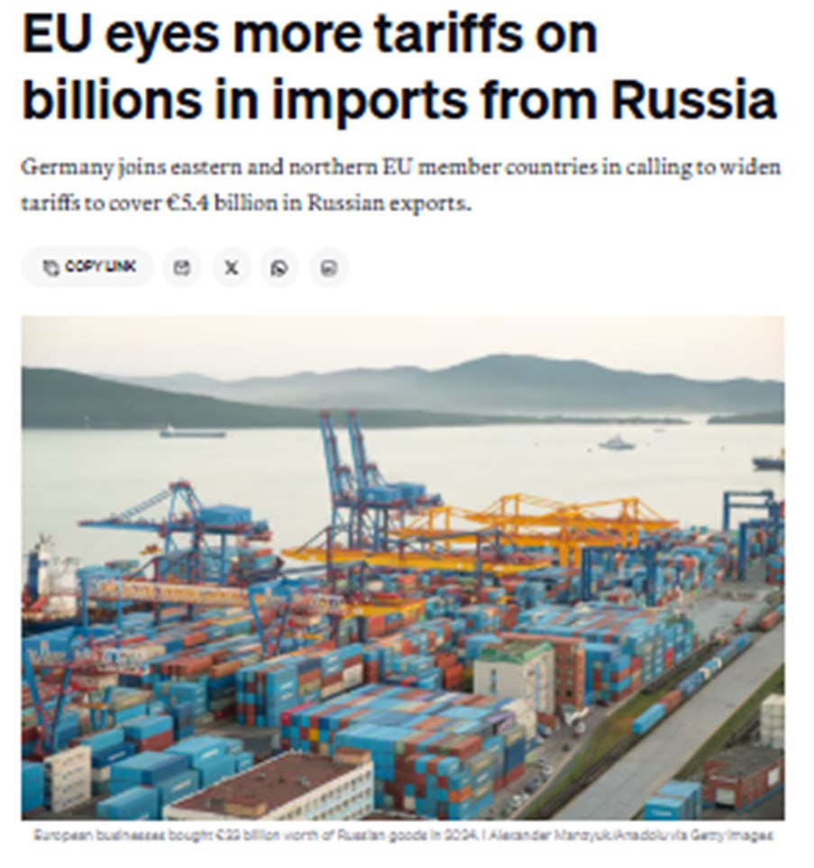 Семь стран ЕС выступили с совместным призывом ввести пошлины на железо и сталь неорганические химикаты и калийные удобрения из России сообщает Politico Это решение оправдывается тем что в 2024 году экспорт этих товаров принёс РФ 5 4 млрд евро За выступили Эстония Финляндия Германия Латвия Литва Польша и Швеция Подписаться Читать эксклюзив