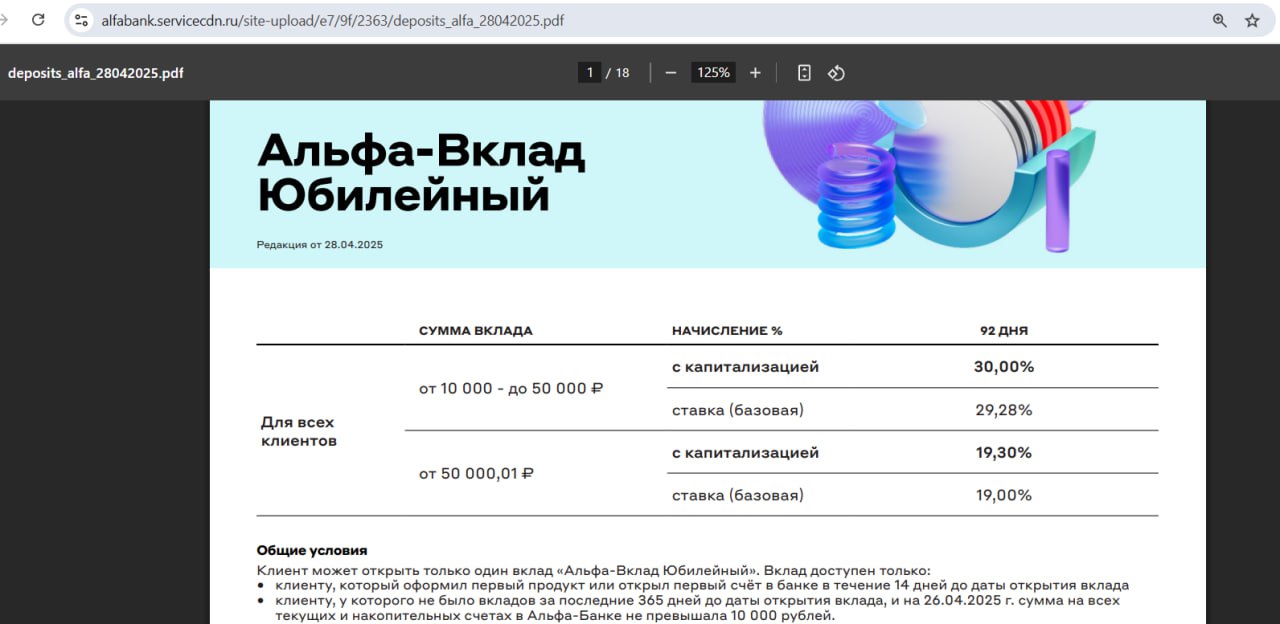 "Альфа-Вклад" "Юбилейный" под 30% годовых для новичков на сумму до 50 000 руб. "Альфа-Банк" запустил вклад с красивыми рекламными циферками 30% годовых , тариф тут. Сумма вклада от 10 000 до 50 000 руб. Срок 92 дня. Ставка 29,28% годовых 30% годовых получается из-за ежемесячной капитализации процентов . Пополнять и снимать в течение срока вклада нельзя. Предложение доступно максимум 1 вклад в руки : • Клиенту, который оформил первый продукт или открыл первый счёт в банке в течение 14 дней до даты открытия вклада; • Клиенту, у которого не было вкладов за последние 365 дней до даты открытия вклада, и на 26.04.2025 г. сумма на всех текущих и накопительных счетах в "Альфа-Банке" не превышала 10 000 рублей. P.S. Вклады под 25-30% годовых для новичков есть ещё в банке "Дом. РФ", "Морском", "ПСБ", подробнее тут. Храни Деньги!