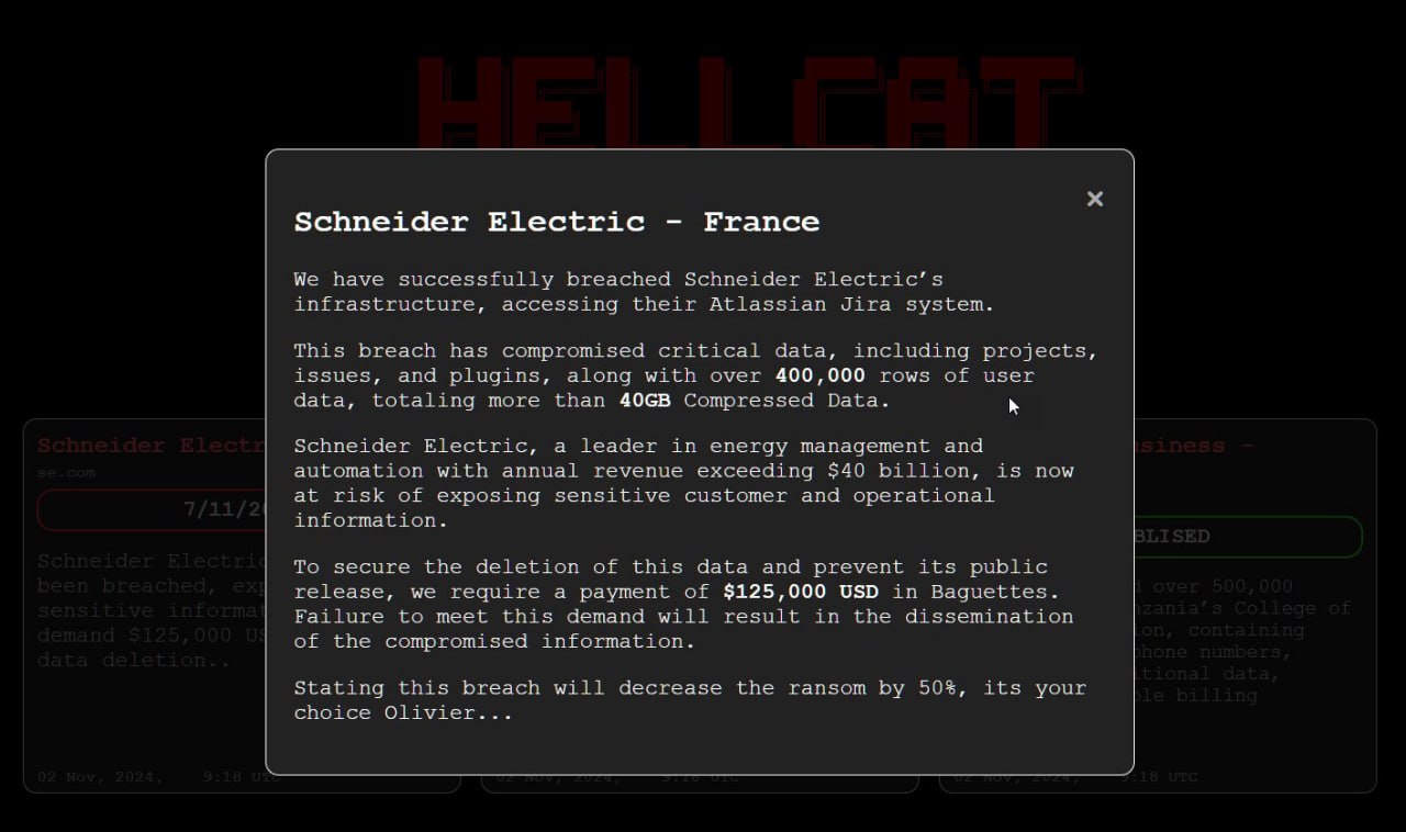 И хруст французской булки: хакер украл 40 ГБ данных и требует выкуп батонами  Хакер под ником Grep рассказал о взломе французской Schneider Electric. Он смог проникнуть в систему компании, благодаря слитым «учеткам», и собрать 400 тыс строк пользовательских данных, 75 почтовых адресов и файлы со внутренними разработками.   Свой улов Grep выставил на продажу в даркнете и в шутку оценил слив в $125 000 багетами. Скорее всего, хрустящая валюта была выбрана из-за территориального расположения компании.  Кроме того, злоумышленник оказался фанатом игры Hitman. С его слов, взломом занималась их новая хакерская группировка, International Contract Agency  ICA , названная в честь агентства из серии игр о киллере под номером 47. Позже взломщики переименовались в Hellcat, поскольку узнали, что ICA более известна как аббревиатура террористической организации.  Компания Schneider Electric стала их дебютной жертвой, ранее вымогательствами команда хакеров не промышляла.