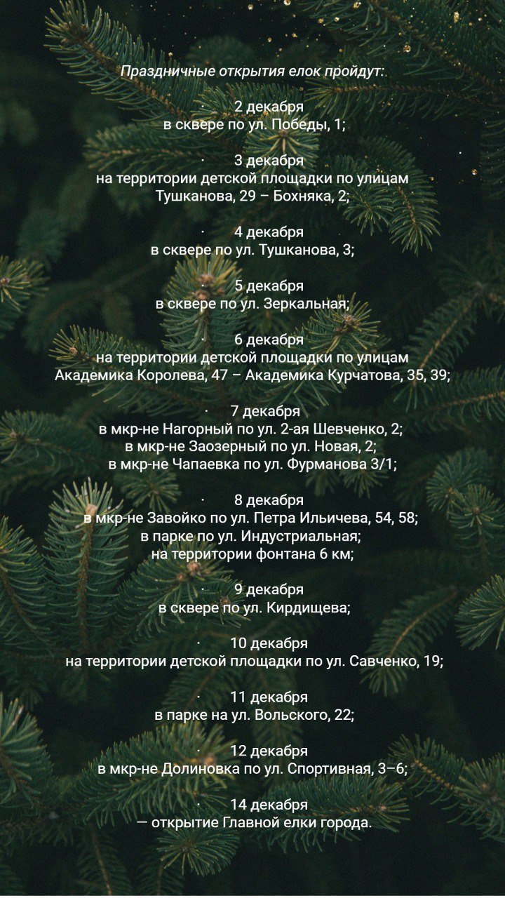 В воскресенье новогодние ёлки откроются в трёх районах Петропавловска  Стартует эстафета открытия новогодних ёлок в краевой столице. 1 декабря праздничные церемонии пройдут: в 11:00 на Попова, 37–39, в 13:00 в сквере по пр.Победы, 61, в 15:00 в сквере Строителей на пр.Победы, 29.  Организаторы готовят для гостей и участников театрализованное представление, игры, хороводы и сладкие угощения, передаёт ИА «Камчатское время».    Подобные торжества в ближайшие дни пройдут ещё в 16 районах Петропавловска-Камчатского, а затем 14 декабря Дед Мороз и Снегурочка зажгут огни на главной ёлке в центре города.  В пресс-службе администрации обратили внимание, что в программе открытия новогодних елок возможны изменения по погодным условиям. Вся актуальная информация будет представлена на публичных ресурсах мэрии.