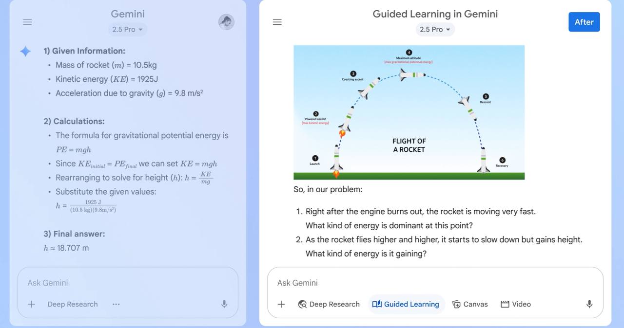 Google сделала из Gemini репетитора — новый режим Guided Learning учит думать, а не списывать: нейросеть теперь не даёт ответы, а помогает дойти до них самостоятельно. Объясняет по шагам, подбирает примеры, подстраивается под уровень. Даже делает видео, схемы ! и даёт мини-тесты. Сохраняйте: gemini.google.com