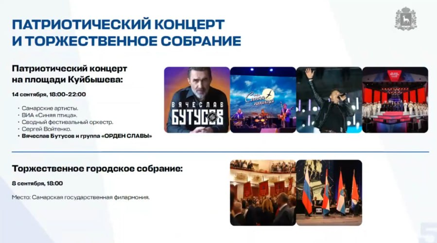 В День города в Самаре пройдет патриотический концерт 14 сентября на площади Куйбышева выступят Вячеслав Бутусов и группа Орден Славы ВИА Синяя птица Сергей Войтенко сводный фестивальный оркестр самарские коллективы Об этом глава города Иван Носков заявил в ходе оперативного совещания SOVAINFO Прислать новость Больше новостей на sovainfo ru