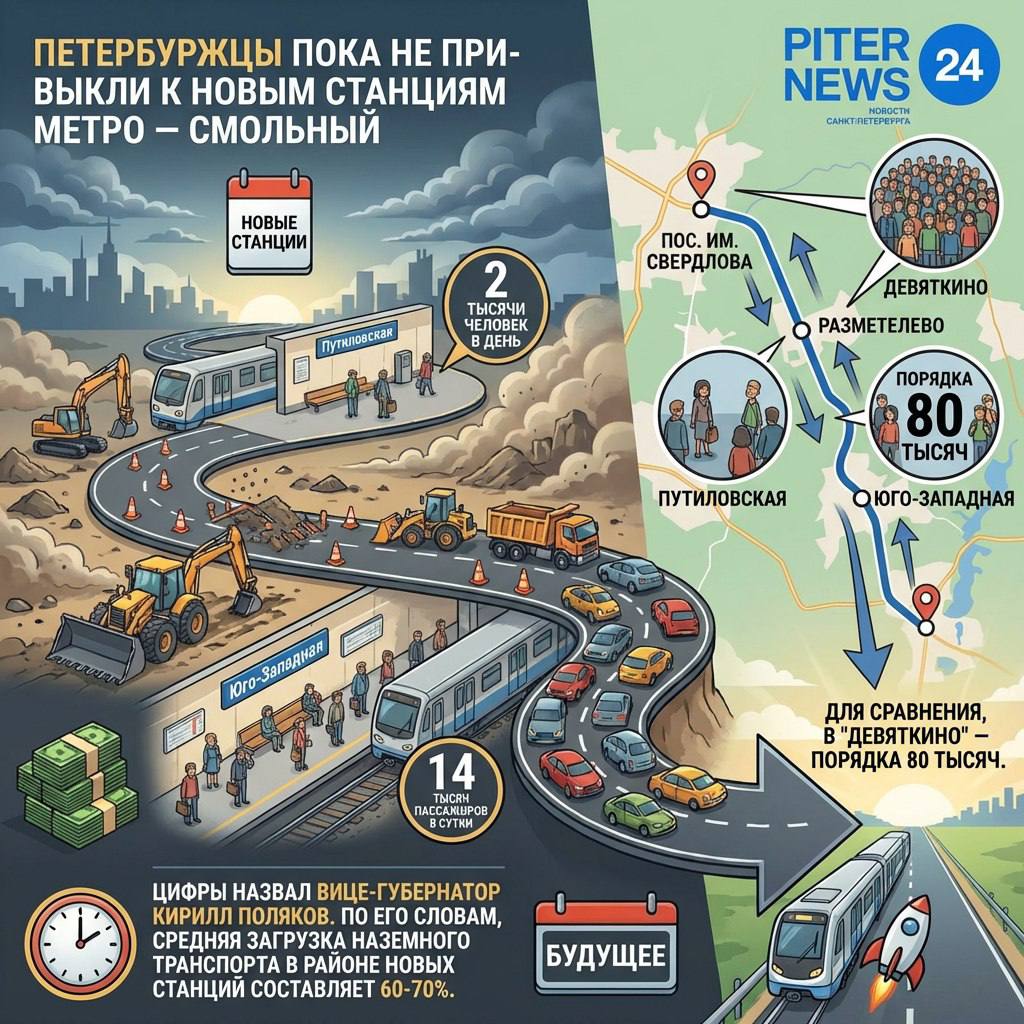 Жители Северной столицы пока не оценили недавно открытые станции подземки их пассажиропоток в разы ниже ожидаемого Вице губернатор Кирилл Поляков в эфире телеканала Санкт Петербург привёл цифры которые говорят сами за себя через Путиловскую проходит всего 2 тысячи человек в сутки Юго Западная чуть популярнее 14 тысяч пассажиров в день Для сравнения загруженность Девяткино достигает 80 тысяч человек ежедневно это в 40 раз больше чем на Путиловской и почти в 6 раз выше чем на Юго Западной При этом наземный транспорт в районе новых станций заполнен на 60 70 похоже петербуржцы пока предпочитают привычные маршруты и не спешат перестраивать свои ежедневные пути под новую инфраструктуру Вопрос времени или проблема планирования Покажут ближайшие месяцы Piter News 24 Подписаться