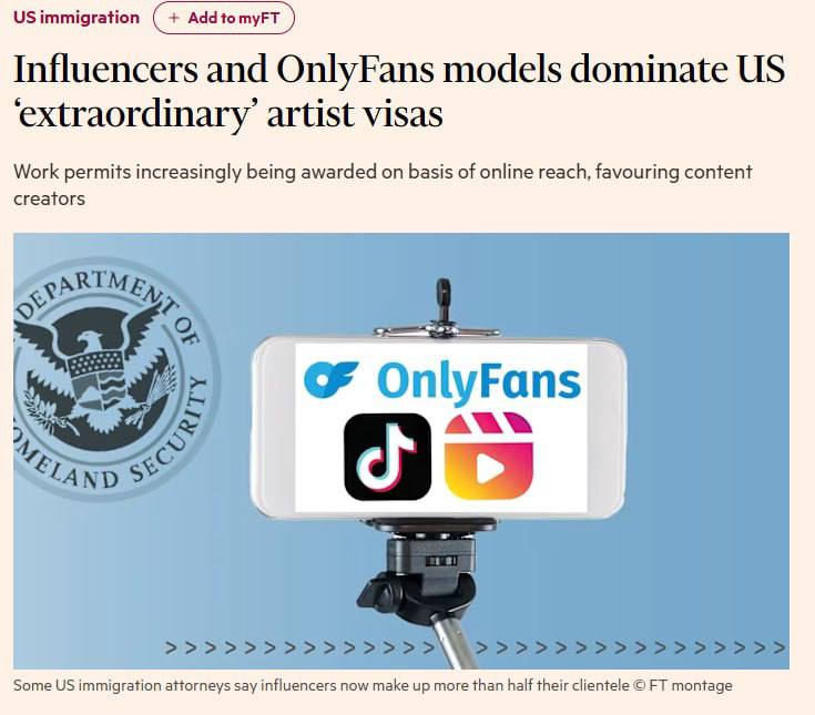 В США стали чаще одобрять визы талантов онлифанщицам пишет Financial Times Визы O 1B обычно выдавали людям с выдающимися способностями в искусстве включая блогеров а ещё ранее скорее для известных музыкантов и актёров Теперь количество подписчиков лайков и высокие заработки стали основными показателями успеха позволяя популярным онлифанщицам получать визы как обладателям особых достижений в сфере развлечений