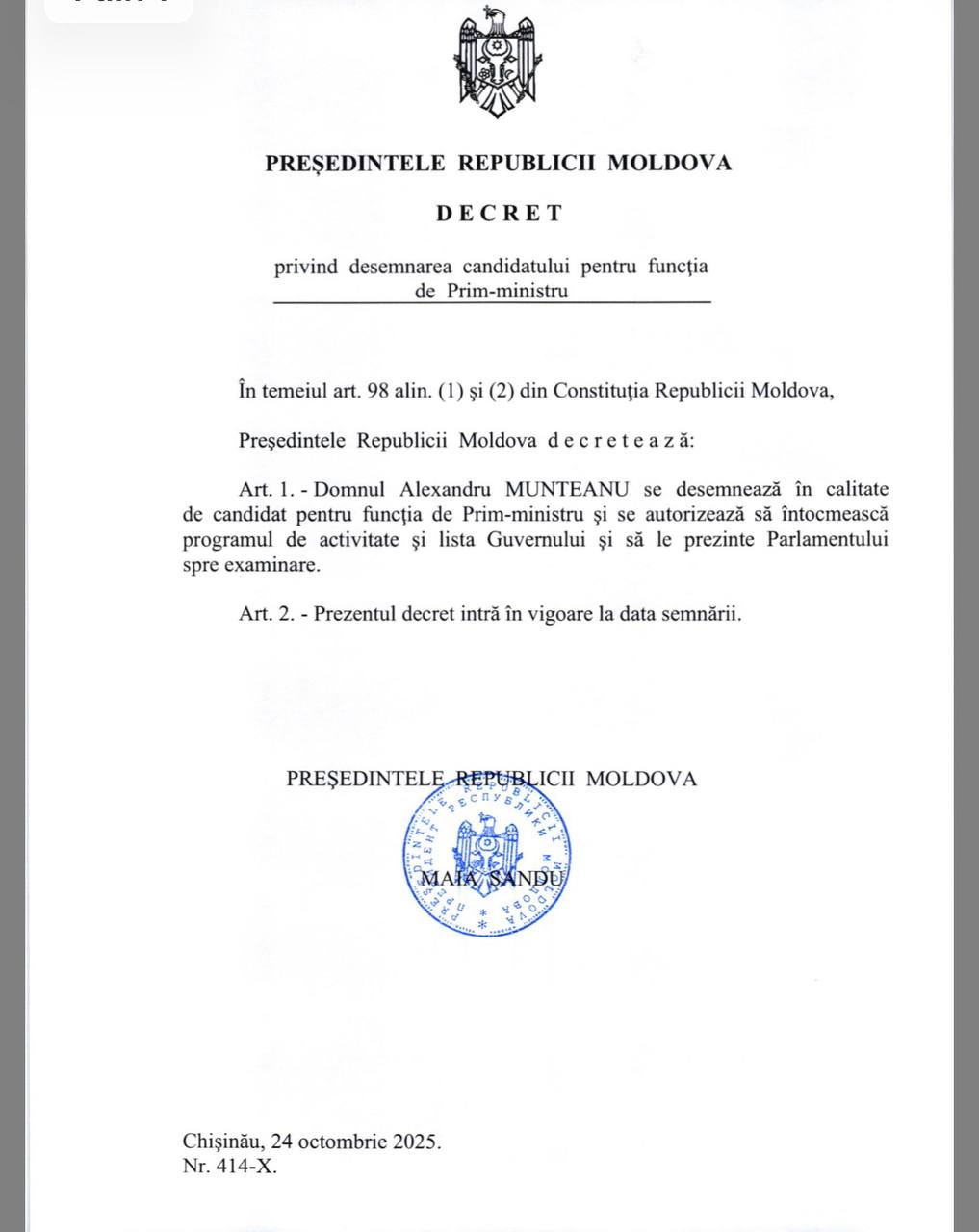 Майя Санду официально выдвинула Александра Мунтяну на пост премьер министра Это произошло сразу после консультации Санду с лидером PAS Игорем Гросу