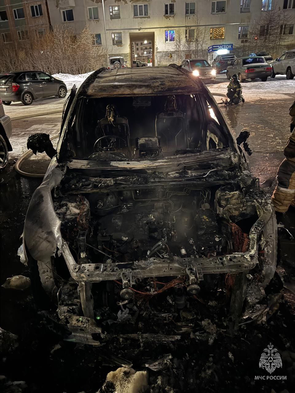 От огня в Магадане пострадали три автомобиля  Ночью 4 января в Службу спасения от очевидца поступило сообщение о возгорании припаркованного автомобиля во дворе дома на улице Болдырева. Спустя 3 минуты после прибытия огнеборцев пожар был локализован, и в скором времени ликвидирован полностью.  В результате огнём автомобиль поврежден по всей площади. Также в различной степени повреждены два соседних автомобиля. Площадь пожара составила 5 кв.м.     Предварительно, причиной пожара мог стать поджог.