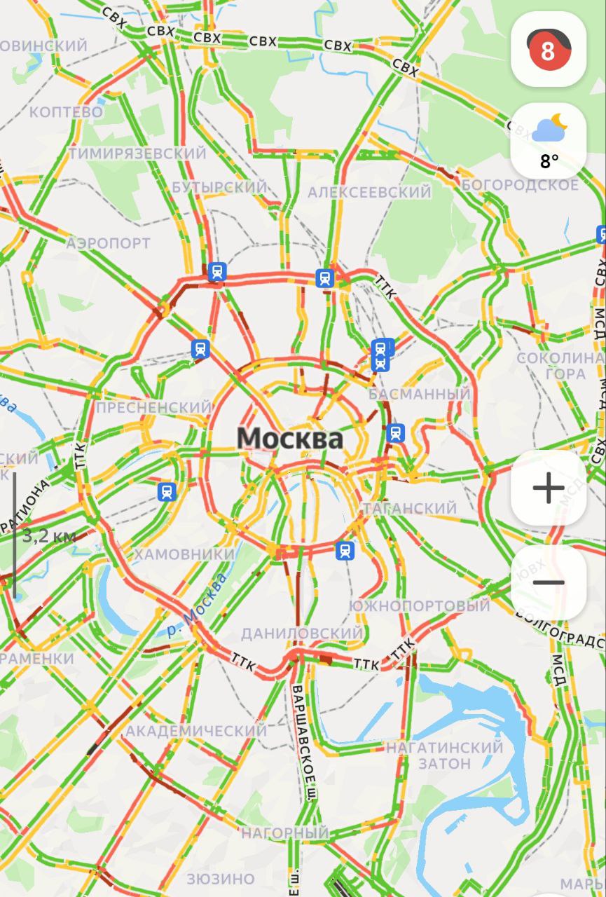 Пробки в Москве снова 8 баллов Из хорошего на улице столько же градусов тепла а еще есть метро без заторов Подписывайся на М125 Прислать новость