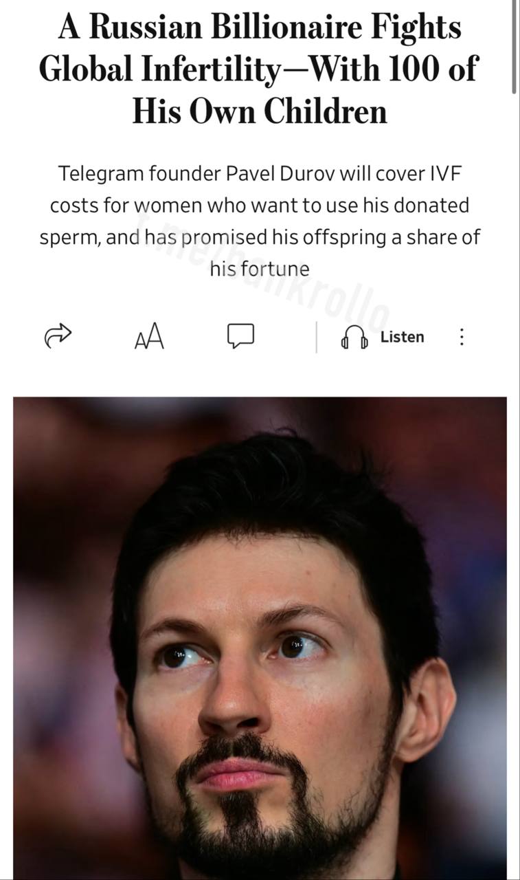 Павел Дуров пообещал оплатить ЭКО для женщин которые захотят родить от него При подтверждении родства все дети смогут претендовать на наследство предпринимателя состояние которого оценивается примерно в 17 млрд пишет The Wall Street Journal Однако для этого есть два условия женщины должны быть не в браке и младше 37 лет bankrollo