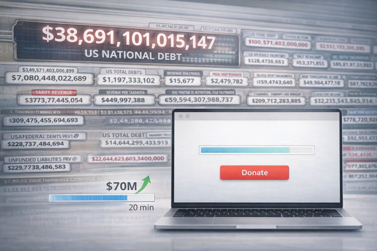 Минфин США обновил сайт для сбора добровольных пожертвований на погашение госдолга который раздулся до космических 38 трлн За последние 30 лет таких сборов туда накапало до 70 млн Это капля в море поскольку такой прирост госдолга США происходит примерно каждые 20 минут Топ Бизнес Подписаться в MAX