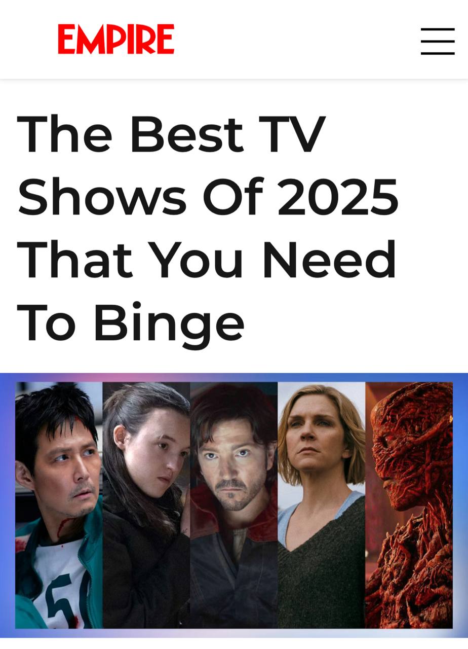 Лучшие сериалы 2025 года по версии журнала Empire Журнал Empire опубликовал свой топ сериалов 2025 года Первое место занял второй сезон сериала Андор приквел к Звёздным войнам который понравился как фанатам так и обычным зрителям Вот как выглядит десятка лучших 1 Андор 2 й сезон 2 Переходный возраст Adolescence 3 Чужой Земля 4 Киностудия 5 Мистер Скорсезе 6 Разделение 2 й сезон 7 Одна из многих Pluribus 8 Белый лотос 3 й сезон 9 Одни из нас 2 й сезон 10 Задание Разбираем и смотрим на новогодних Илон Маск
