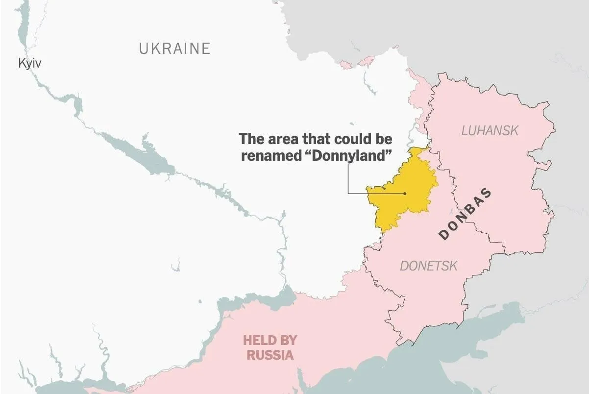 Украина предлагала назвать часть Донбасса Доннилэндом в честь Трампа пишет NYT Предложение выдвинула украинская делегация на переговорах с США Речь идёт о подконтрольных Киеву территориях Так пытались убедить Вашингтон оказать большее сопротивление требованиям Москвы отмечается в статье Украинские переговорщики даже создали при помощи ChatGPT гимн и флаг Доннилэнда утверждает источник газеты В материале они не приводятся