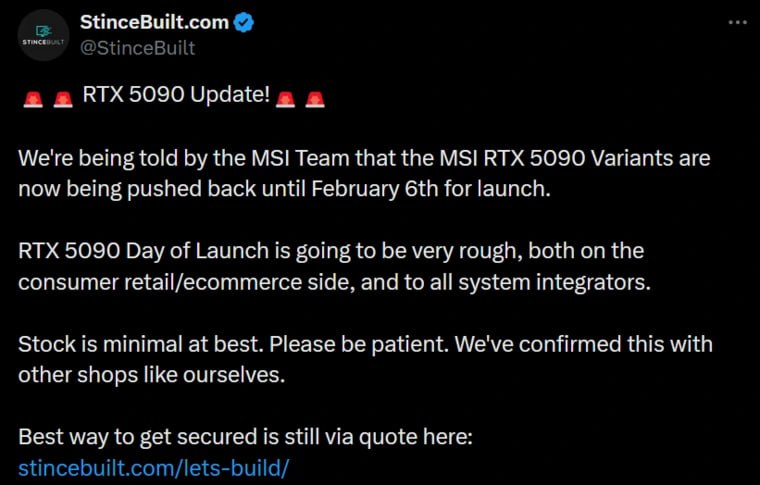 Появились известия о том, что некоторые AIB-партнеры хотят отложить выход своих версий RTX 5090 из-за проблем с поставками и слишком малых складских запасов.  Об этом сообщают журналисты портала Wccftech со ссылкой на производителя готовых ПК под названием StinceBuilt.   «Команда MSI сообщила нам, что запуск их карт RTX 5090 откладывается на 6 февраля. День выхода RTX 5090 будет очень тяжелым для потребителей, ритейлеров и системных интеграторов. Запасы крайне малы. Пожалуйста, будьте терпеливы» — StinceBuilt. Ранее появились слухи, что ситуация с доступностью RTX 5090 будет хуже, чем с 4090 на старте.   Жалко конечно этих богачей.  Мой Компьютер