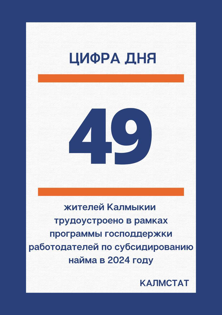 В Калмыкии 49 жителей трудоустроены в рамках программы по поддержке работодателей по субсидированию найма в 2024 году.  Как сообщает Управление федеральной службы статистике по РК, в 2024 году в республике успешно реализовали программу господдержки работодателей по субсидированию найма. В рамках инициативы трудоустроили 49 человек, включая 3 ветеранов боевых действий, 31 молодого специалиста до 30 лет и 15 граждан с инвалидностью.  Фото: КАЛМСТАТ  Быть в курсе   Прислать новость