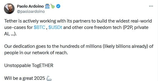 CEO Tether Paolo Ardoino обещает много новых анонсов в 2025 году:  Tether активно работает со своими партнерами над созданием реальных вариантов использования BTC , USDT и других технологий   P2P ИИ, ...  .    Наши ссылки    Торгуем на Bybit     Торгуем на BingX      Pro Energy