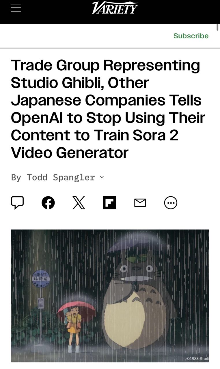 Владельцы студии Ghibli потребовали у OpenAI прекратить обучать Sora 2 на их мультиках Японская торговая группа CODA в которую входит Ghibli направили официальное письмо в OpenAI Недовольство связано с тем что генерации Sora 2 слишком уж похожи на мультфильмы Ghibli И если Sora 2 действительно обучают на аниме японской компании то это будет прямым нарушением авторских прав
