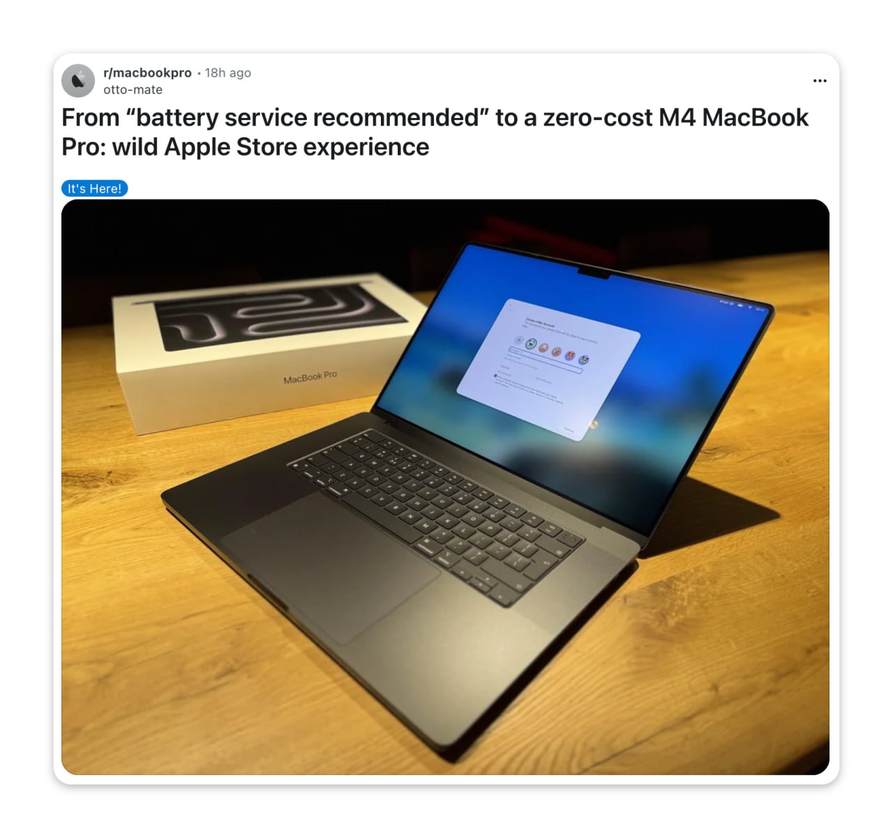 Реддитор сдал MacBook 2018 года на замену батареи вместо этого Apple вернули ему топовый MacBook Pro Сотрудники сервис центра случайно повредили старый ноут во время ремонта Парню сказали что его девайс заменят на ближайший по характеристикам В итоге он получил 16 дюймовый MacBook Pro с чипом M4 Pro кастомным дисплеем с антибликовым покрытием и 1 Тб памяти Такой стоит 4300 но с реддитора не взяли ни копейки
