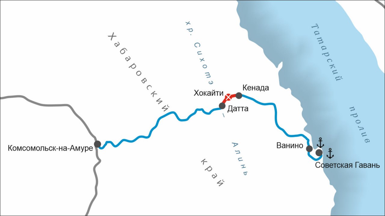 РЖД открыли движение по второму пути на перегоне БАМа Датта – Кенада Развитие инфраструктуры разделили на два этапа. Сначала построили двухпутную вставку между разъездом Хокайти и станцией Кенада в Хабаровском крае. Так мы сразу смогли пропускать больше поездов. Сейчас уложили 9,5 км второго пути между станцией Датта и разъездом Хокайти. Чтобы сделать насыпь в условиях сложного рельефа, переработали более 180 тыс. м³ грунта. На пересечениях с рекой Мули и её притоками возвели 3 моста и реконструировали 6 водопропускных труб. Новая инфраструктура позволила отказаться от разъезда Хокайти и объединить смежные перегоны в один – длиной 19 км. Это значительно повысит провозные возможности всей линии Комсомольск-на-Амуре – Ванино к портам на побережье Татарского пролива. После завершения всех работ на перегоне в местные реки выпустим около 5,5 тыс. мальков кеты и 3,3 тыс. мальков калуги.