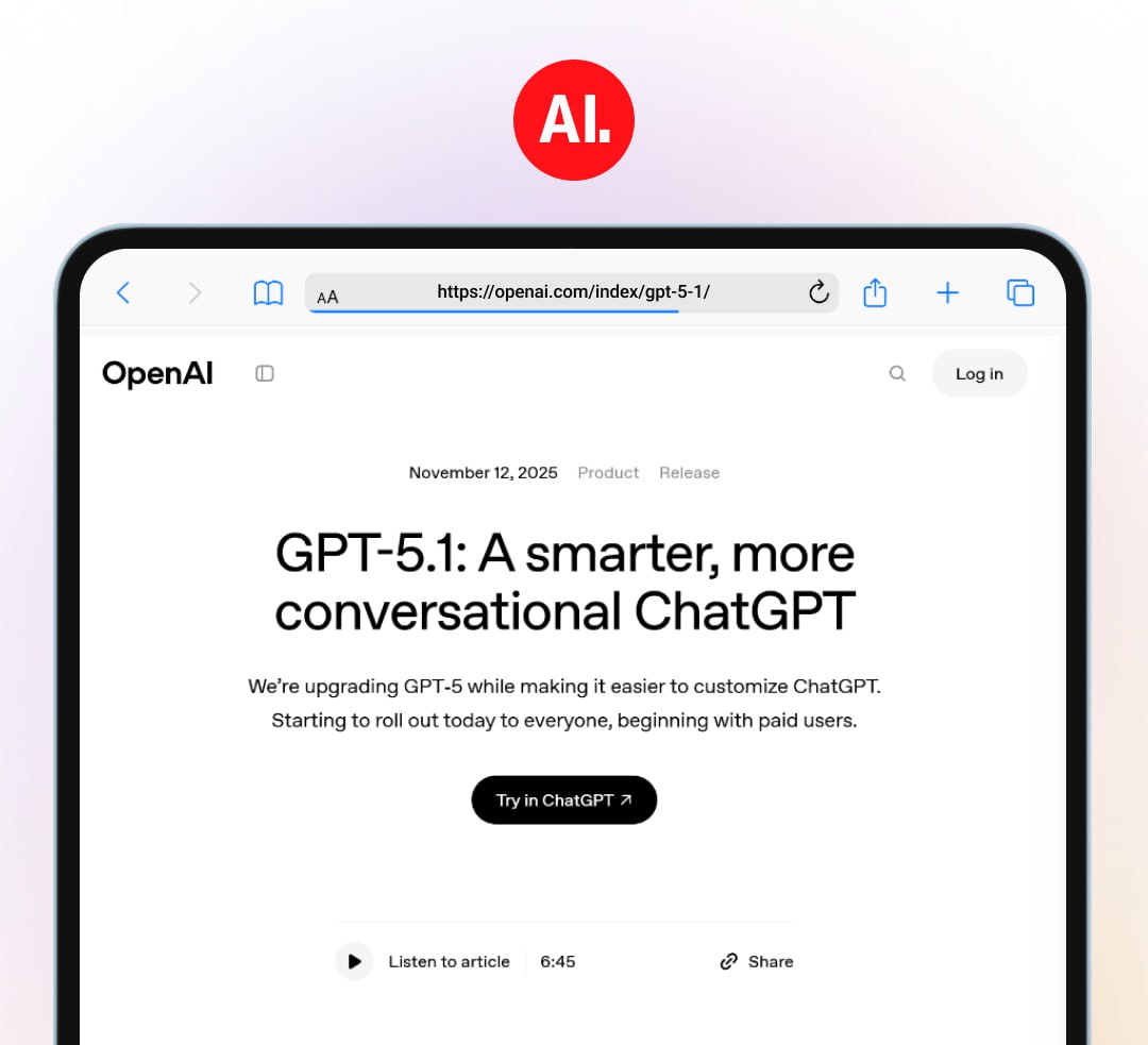 OpenAI выпустили GPT 5 1 Быстрая instant версия стала более теплой и разговорчивой оставаясь полезной а также лучше следует инструкциям При этом она может задумываться над сложными задачами для более точного ответа особенно по техническим вопросам Размышляющая модель стала эффективнее тратит больше времени на сложные вопросы и быстрее отвечает на простые Уже сегодня начнут открывать доступ платным подписчикам постепенно для всех GPT 5 1 станет базовой моделью в ChatGPT но GPT 5 останется доступной еще в течение трех месяцев для платных пользователей Также скоро обещают выпустить GPT 5 1 Pro