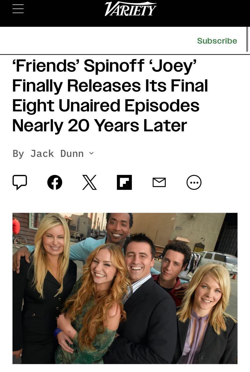 Спин офф Друзей ВЫШЕЛ все 8 серий последнего сезона сериала Джоуи доступны на YouTube Первые 2 сезона транслировали с 2004 по 2006 год но прекратили трансляцию из за низких рейтингов Сейчас из за возобновления интереса аудитории все 8 серий последнего сезона впервые можно посмотреть В спин оффе рассказывается о жизни Джоуи Триббиани который переезжает из Нью Йорка в Голливуд чтобы строить актёрскую карьеру Олды это для вас