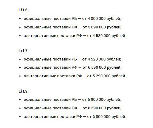 Авто Lixiang продаются на 2 млн рублей дешевле в Беларуси, чем в России.   На модель Li L7 цены в Белоруссии стартуют с 4,5 млн рублей, тогда как в РФ — с 6,6 млн рублей.